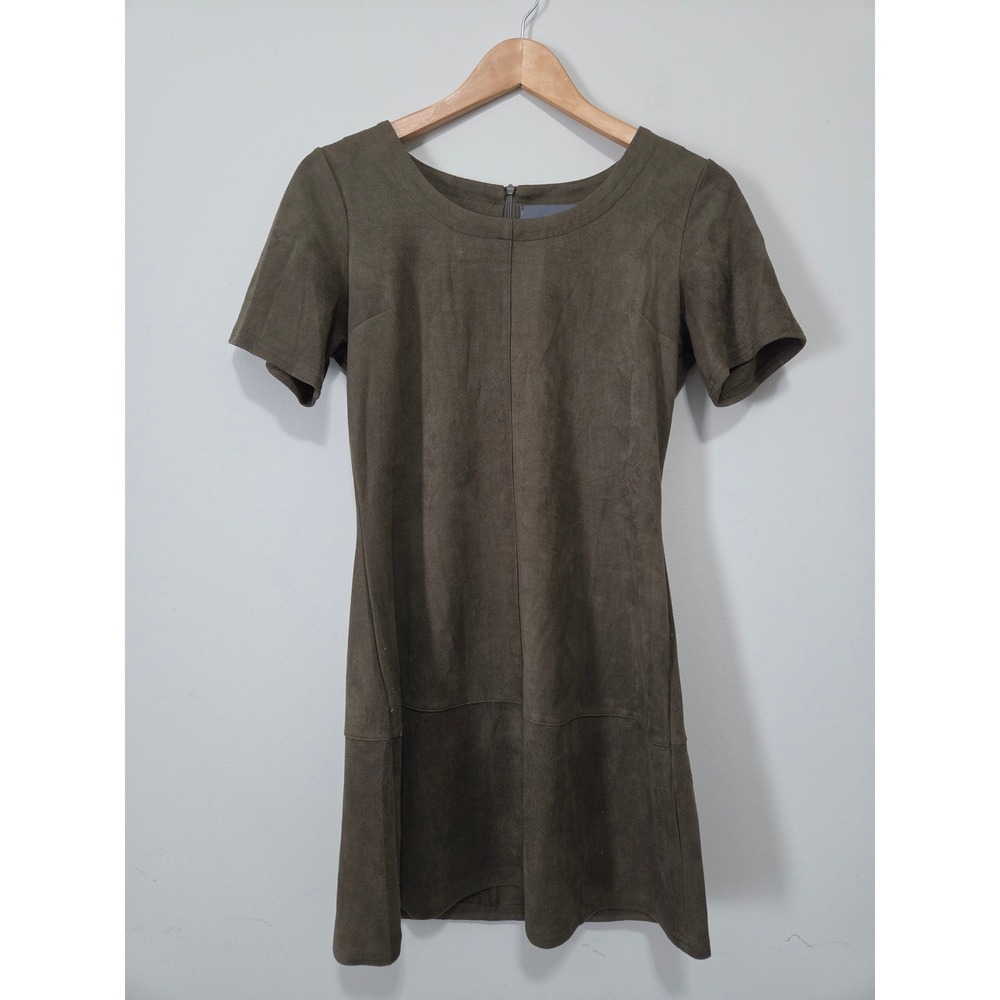 Paper Crane Olive Green Faux Suede Short Sleeve Shift Dress OT30114A Womens M